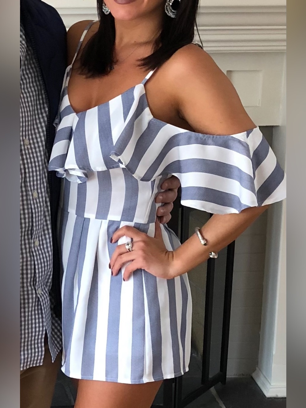 Lulu's White & Gray/Blue Vertical-Stripe Ruffle Romper